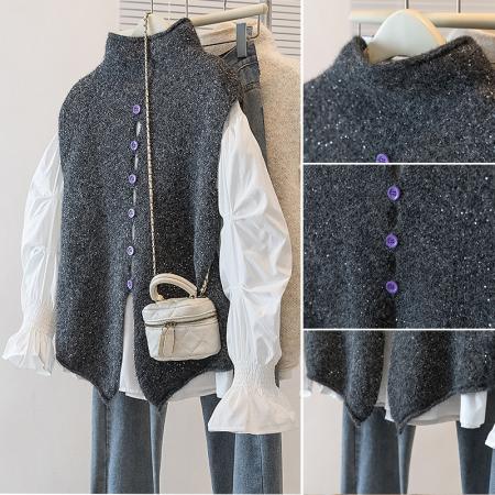 FA48254# 大码女装秋冬新款韩版单排扣针织马别致百搭叠穿无毛衣背心坎 服裝批發女裝批發服飾貨源