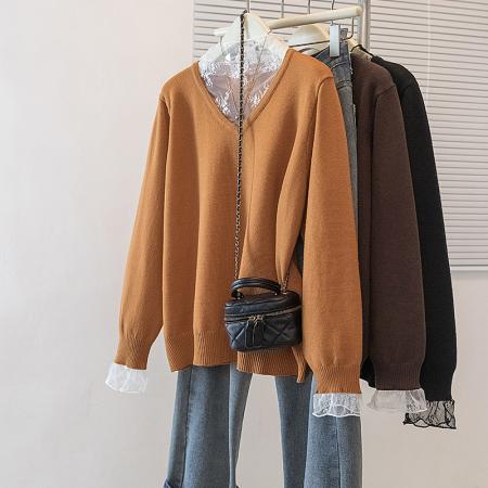 FA48255# 大码女装秋冬新款韩版高级潮流蕾丝拼接设计显瘦修身针织上衣 服裝批發女裝批發服飾貨源