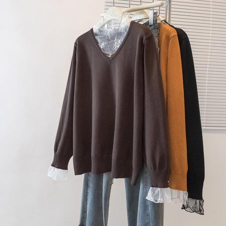 FA48255# 大码女装秋冬新款韩版高级潮流蕾丝拼接设计显瘦修身针织上衣 服裝批發女裝批發服飾貨源