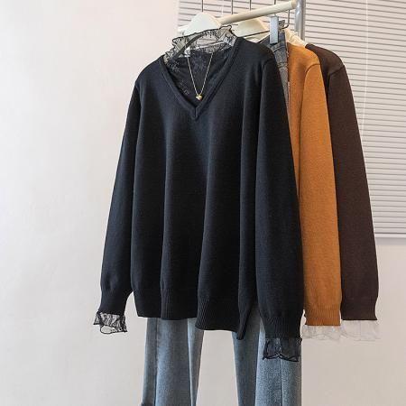 FA48255# 大码女装秋冬新款韩版高级潮流蕾丝拼接设计显瘦修身针织上衣 服裝批發女裝批發服飾貨源