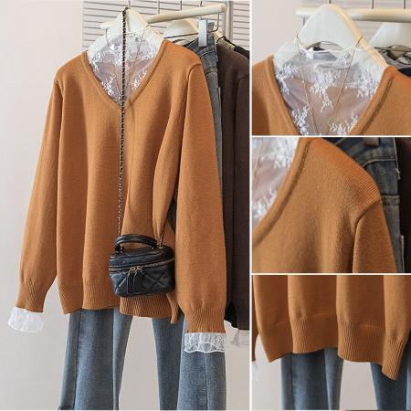 FA48255# 大码女装秋冬新款韩版高级潮流蕾丝拼接设计显瘦修身针织上衣 服裝批發女裝批發服飾貨源