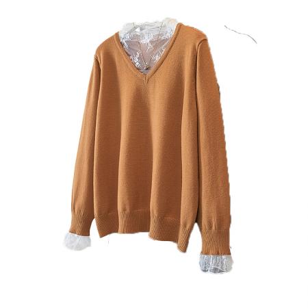 FA48255# 大码女装秋冬新款韩版高级潮流蕾丝拼接设计显瘦修身针织上衣 服裝批發女裝批發服飾貨源