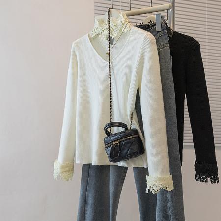 FA48256# 大码女装冬冬新款韩纯欲蕾丝拼接网纱毛针织修身弹力打底上衣 服裝批發女裝批發服飾貨源