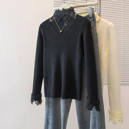 FA48256# 大码女装冬冬新款韩纯欲蕾丝拼接网纱毛针织修身弹力打底上衣 服裝批發女裝批發服飾貨源