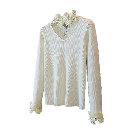 FA48256# 大码女装冬冬新款韩纯欲蕾丝拼接网纱毛针织修身弹力打底上衣 服裝批發女裝批發服飾貨源