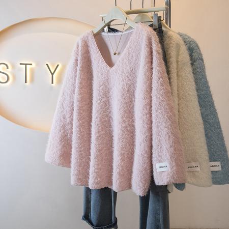 FA48257# 大码冬女装新款高级感慵懒风羊绒设计感厚款宽松型百搭上衣 服裝批發女裝批發服飾貨源