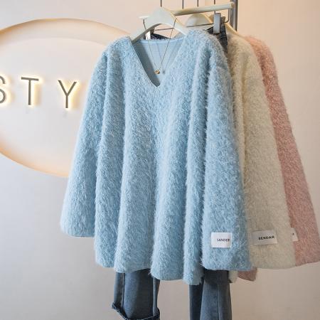 FA48257# 大码冬女装新款高级感慵懒风羊绒设计感厚款宽松型百搭上衣 服裝批發女裝批發服飾貨源