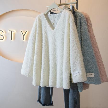 FA48257# 大码冬女装新款高级感慵懒风羊绒设计感厚款宽松型百搭上衣 服裝批發女裝批發服飾貨源