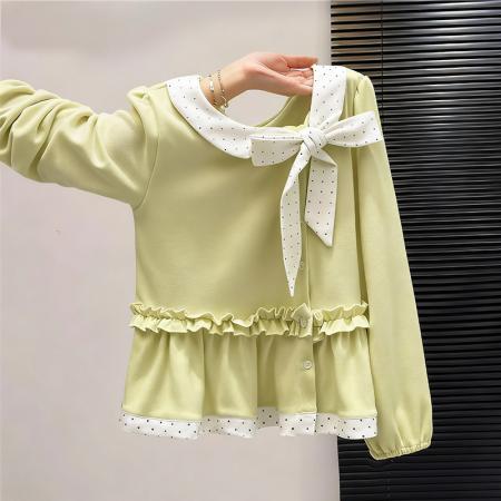 FA48259# 波点蝴蝶结荷叶边长袖打底衫女秋冬新款休闲气质内搭上衣女 服裝批發女裝批發服飾貨源