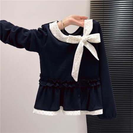 FA48259# 波点蝴蝶结荷叶边长袖打底衫女秋冬新款休闲气质内搭上衣女 服裝批發女裝批發服飾貨源