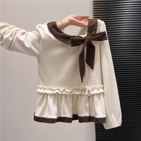 FA48259# 波点蝴蝶结荷叶边长袖打底衫女秋冬新款休闲气质内搭上衣女 服裝批發女裝批發服飾貨源