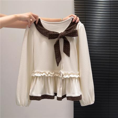 FA48259# 波点蝴蝶结荷叶边长袖打底衫女秋冬新款休闲气质内搭上衣女 服裝批發女裝批發服飾貨源