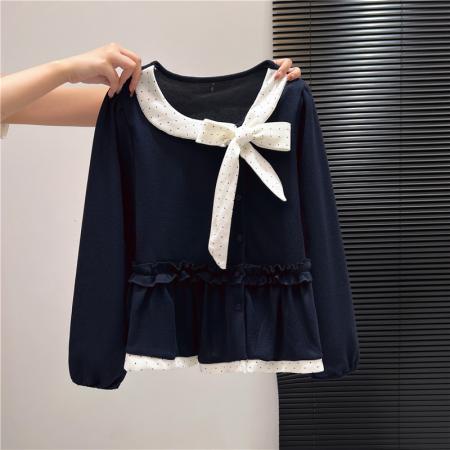 FA48259# 波点蝴蝶结荷叶边长袖打底衫女秋冬新款休闲气质内搭上衣女 服裝批發女裝批發服飾貨源