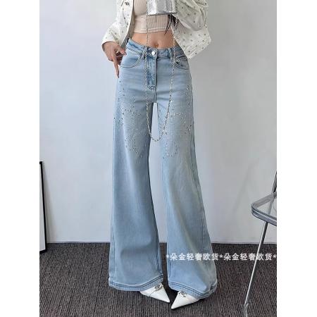 FA48260# 欧货新款轻奢时尚重工烫钻洋气百搭气质浅蓝直筒裤 服裝批發女裝批發服飾貨源