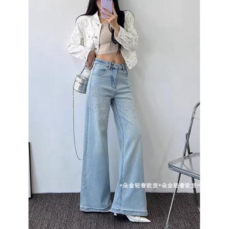 FA48260# 欧货新款轻奢时尚重工烫钻洋气百搭气质浅蓝直筒裤 服裝批發女裝批發服飾貨源