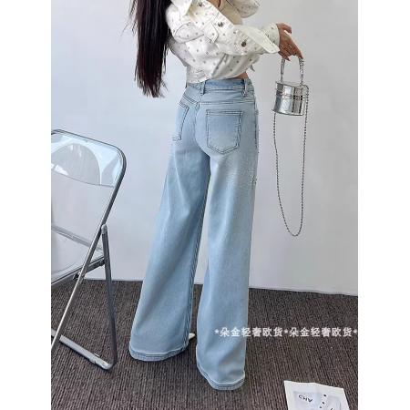 FA48260# 欧货新款轻奢时尚重工烫钻洋气百搭气质浅蓝直筒裤 服裝批發女裝批發服飾貨源