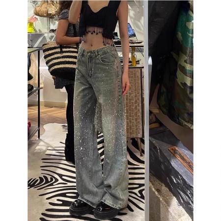 FA48261# 美式复古设计感烫钻石牛仔裤女新款满天星重工千禧辣妹爆闪长裤子 服裝批發女裝批發服飾貨源