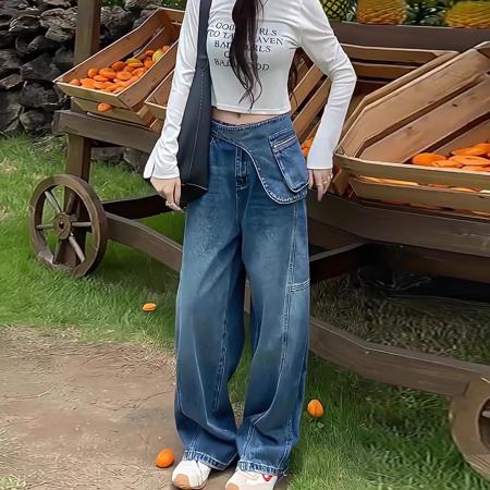 FA48262# 加绒腰封叠穿早秋显瘦时尚宽松设计感街拍水洗牛仔拖地裤 服裝批發女裝批發服飾貨源