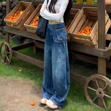 FA48262# 加绒腰封叠穿早秋显瘦时尚宽松设计感街拍水洗牛仔拖地裤 服裝批發女裝批發服飾貨源