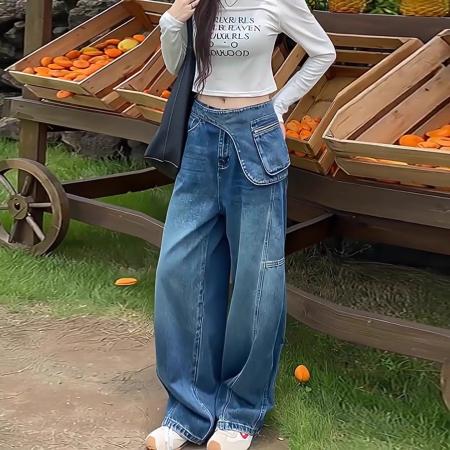 FA48262# 加绒腰封叠穿早秋显瘦时尚宽松设计感街拍水洗牛仔拖地裤 服裝批發女裝批發服飾貨源