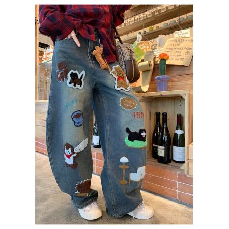 FA48263# 植绒小狗印花显瘦阔腿牛仔裤女秋季复古风做旧直筒休闲裤 服裝批發女裝批發服飾貨源