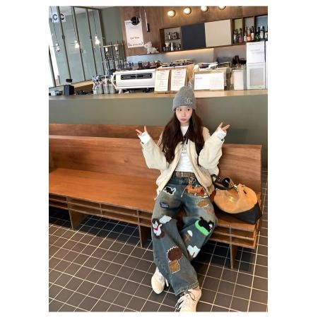 FA48263# 植绒小狗印花显瘦阔腿牛仔裤女秋季复古风做旧直筒休闲裤 服裝批發女裝批發服飾貨源