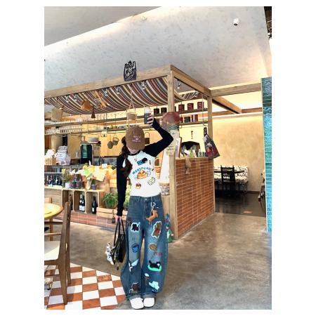 FA48263# 植绒小狗印花显瘦阔腿牛仔裤女秋季复古风做旧直筒休闲裤 服裝批發女裝批發服飾貨源