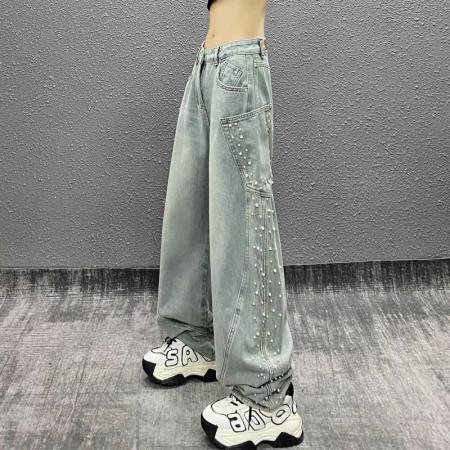 FA48264# 侧边口袋设计钉珠牛仔弯刀裤女春新款高腰宽松显瘦百搭直筒阔腿裤 服裝批發女裝批發服飾貨源