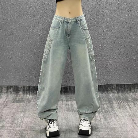 FA48264# 侧边口袋设计钉珠牛仔弯刀裤女春新款高腰宽松显瘦百搭直筒阔腿裤 服裝批發女裝批發服飾貨源