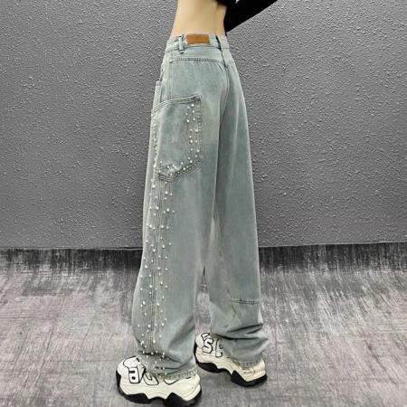 FA48264# 侧边口袋设计钉珠牛仔弯刀裤女春新款高腰宽松显瘦百搭直筒阔腿裤 服裝批發女裝批發服飾貨源