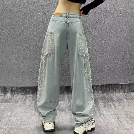 FA48264# 侧边口袋设计钉珠牛仔弯刀裤女春新款高腰宽松显瘦百搭直筒阔腿裤 服裝批發女裝批發服飾貨源