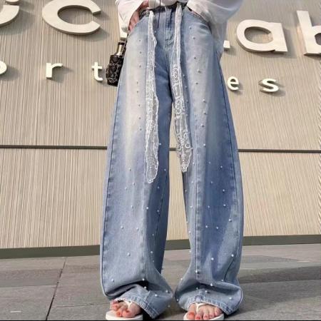 FA48266# 欧货珍珠弯刀牛仔裤女新款复古钉珠高腰百搭显瘦阔腿裤子 服裝批發女裝批發服飾貨源
