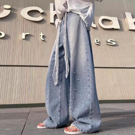 FA48266# 欧货珍珠弯刀牛仔裤女新款复古钉珠高腰百搭显瘦阔腿裤子 服裝批發女裝批發服飾貨源