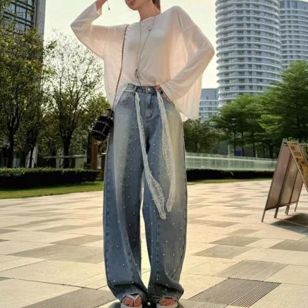 FA48266# 欧货珍珠弯刀牛仔裤女新款复古钉珠高腰百搭显瘦阔腿裤子 服裝批發女裝批發服飾貨源