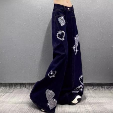 FA48267# 流行网红女裤美式复古烫钻黑色牛仔裤女高腰直筒阔腿长裤 服裝批發女裝批發服飾貨源