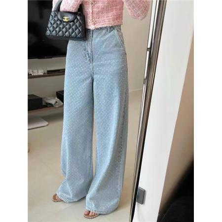FA48268# 法式重工烫钻水洗蓝高腰阔腿裤时尚显瘦直筒牛仔裤女 服裝批發女裝批發服飾貨源