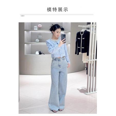 FA48268# 法式重工烫钻水洗蓝高腰阔腿裤时尚显瘦直筒牛仔裤女 服裝批發女裝批發服飾貨源