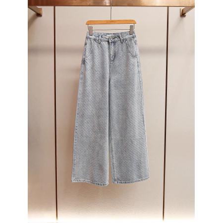 FA48268# 法式重工烫钻水洗蓝高腰阔腿裤时尚显瘦直筒牛仔裤女 服裝批發女裝批發服飾貨源