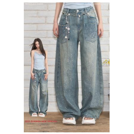 FA48270# 重磅设计感立体水钻阔腿牛仔长裤女装夏季直筒复古牛仔裤 服裝批發女裝批發服飾貨源