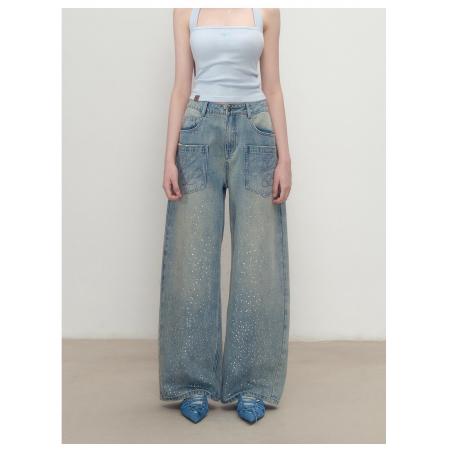 FA48270# 重磅设计感立体水钻阔腿牛仔长裤女装夏季直筒复古牛仔裤 服裝批發女裝批發服飾貨源