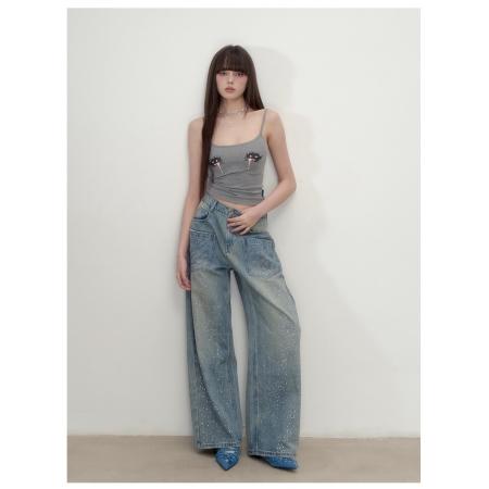 FA48270# 重磅设计感立体水钻阔腿牛仔长裤女装夏季直筒复古牛仔裤 服裝批發女裝批發服飾貨源