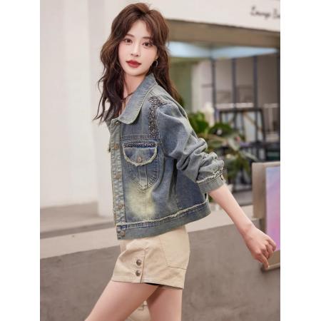 FA48272# 复古毛边珠钉牛仔外套短款女装春秋季新款休闲好看夹克上衣 服裝批發女裝批發服飾貨源