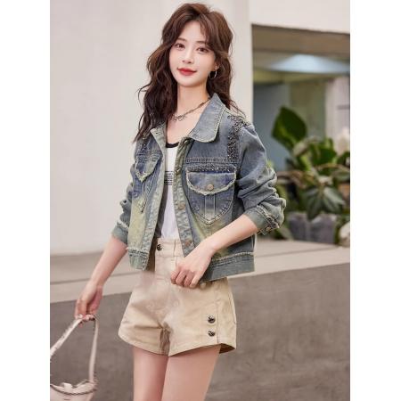 FA48272# 复古毛边珠钉牛仔外套短款女装春秋季新款休闲好看夹克上衣 服裝批發女裝批發服飾貨源