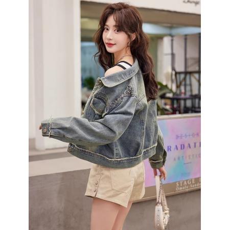 FA48272# 复古毛边珠钉牛仔外套短款女装春秋季新款休闲好看夹克上衣 服裝批發女裝批發服飾貨源