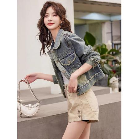 FA48272# 复古毛边珠钉牛仔外套短款女装春秋季新款休闲好看夹克上衣 服裝批發女裝批發服飾貨源