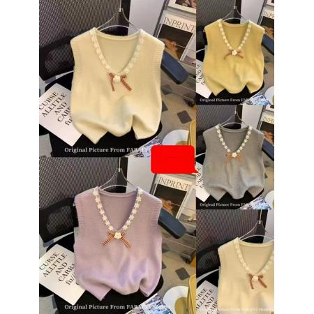 FA48276# 立体花边蝴蝶结v领针织背心早春外搭叠穿软糯毛衣马甲 服裝批發女裝批發服飾貨源