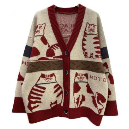 FA48277# 满身卡通猫咪提花毛衣外套女春装韩版V领单排扣宽松慵懒针织开 服裝批發女裝批發服飾貨源