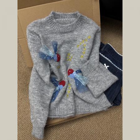 FA48279# 秋冬新款重工钉珠绣花毛衣女宽松显瘦慵懒风高级感针织衫上衣 服裝批發女裝批發服飾貨源