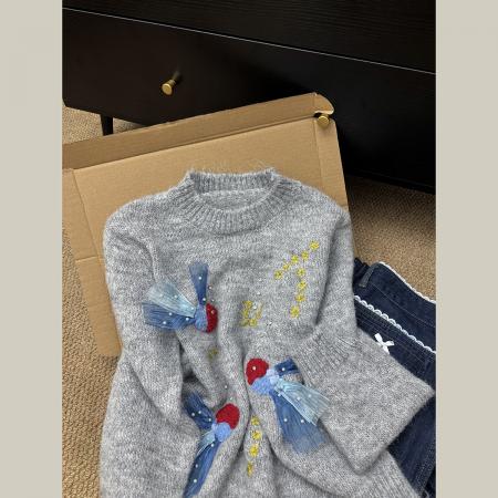 FA48279# 秋冬新款重工钉珠绣花毛衣女宽松显瘦慵懒风高级感针织衫上衣 服裝批發女裝批發服飾貨源