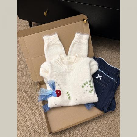 FA48279# 秋冬新款重工钉珠绣花毛衣女宽松显瘦慵懒风高级感针织衫上衣 服裝批發女裝批發服飾貨源